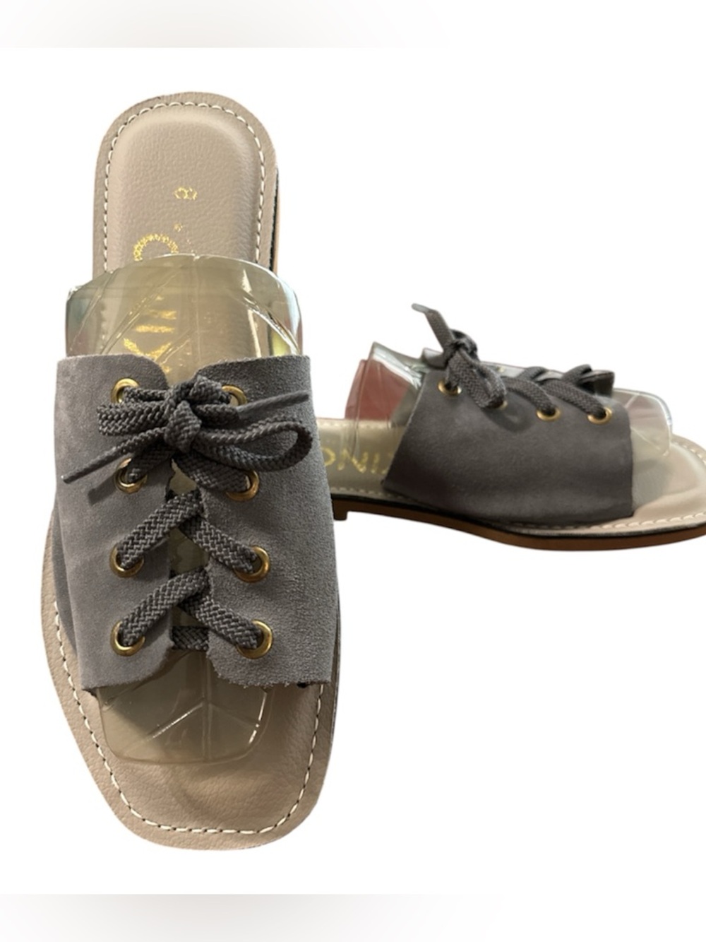 NWOT Kino Key West Grey Suede Lace‑Up Sandals Womens 8 Leather Beach Slides Mule